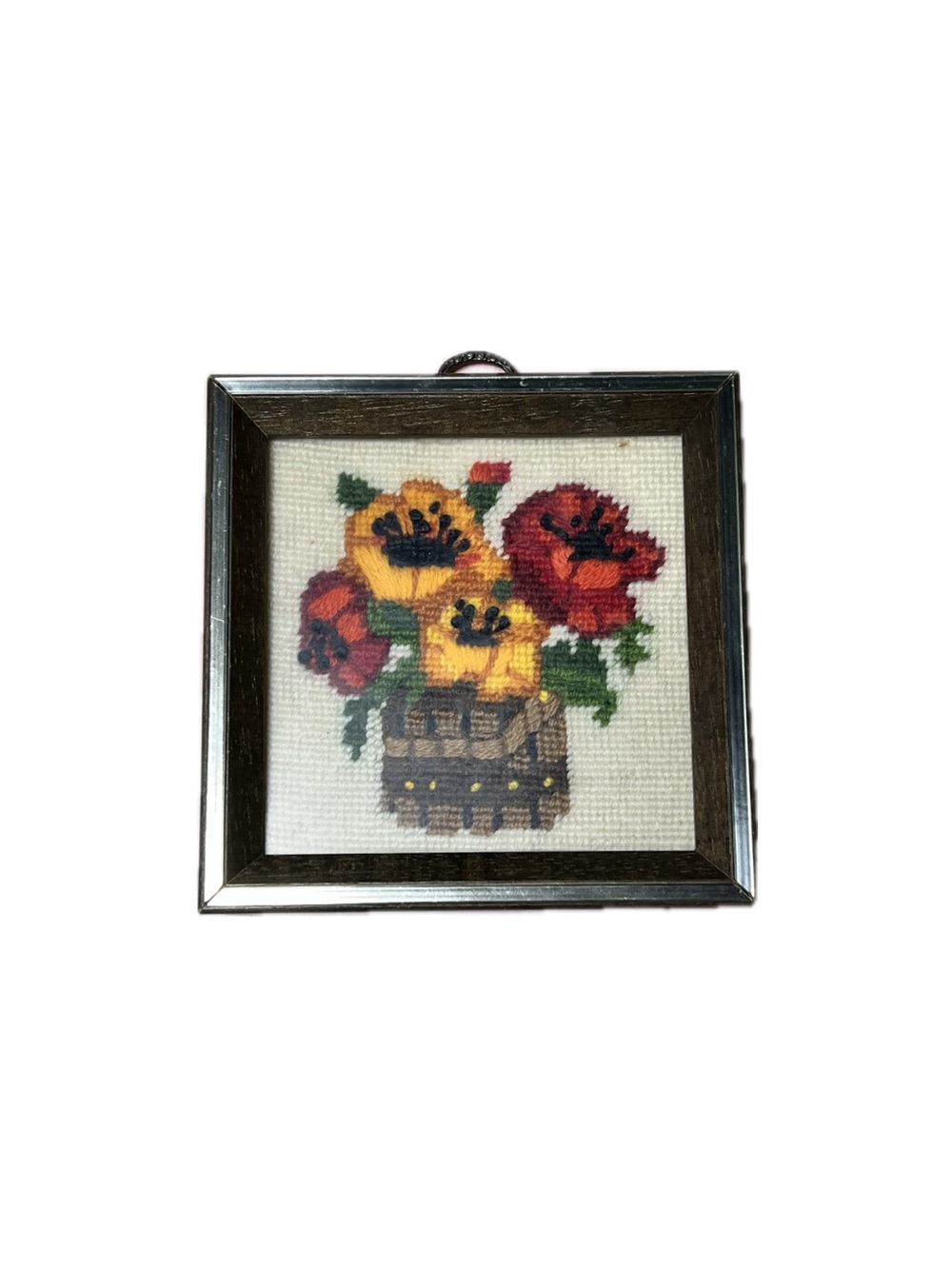 Framed Cross Stitch Floral Wall Art - Red & Yellow Poppies
